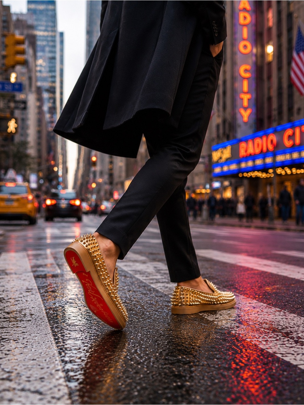 Christian Louboutin Gold Studded Slip-On Loafers with Red Soles
